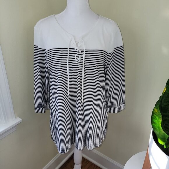 Chico’s Nautical Mariner Striped Top Blue & White Lace Neck Tee Women's Size L - Picture 2 of 13